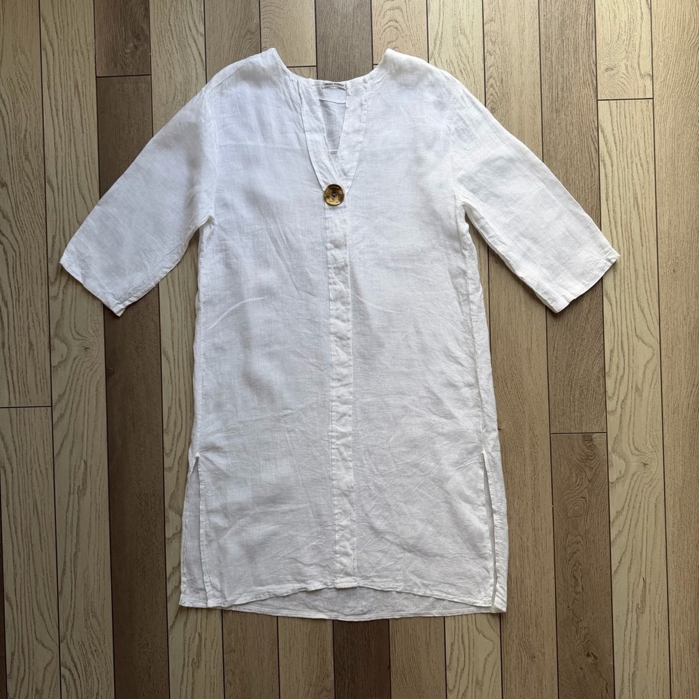 100% Linen White Tunic Dress Made in Italy - Boho Chic V-Neck One Size